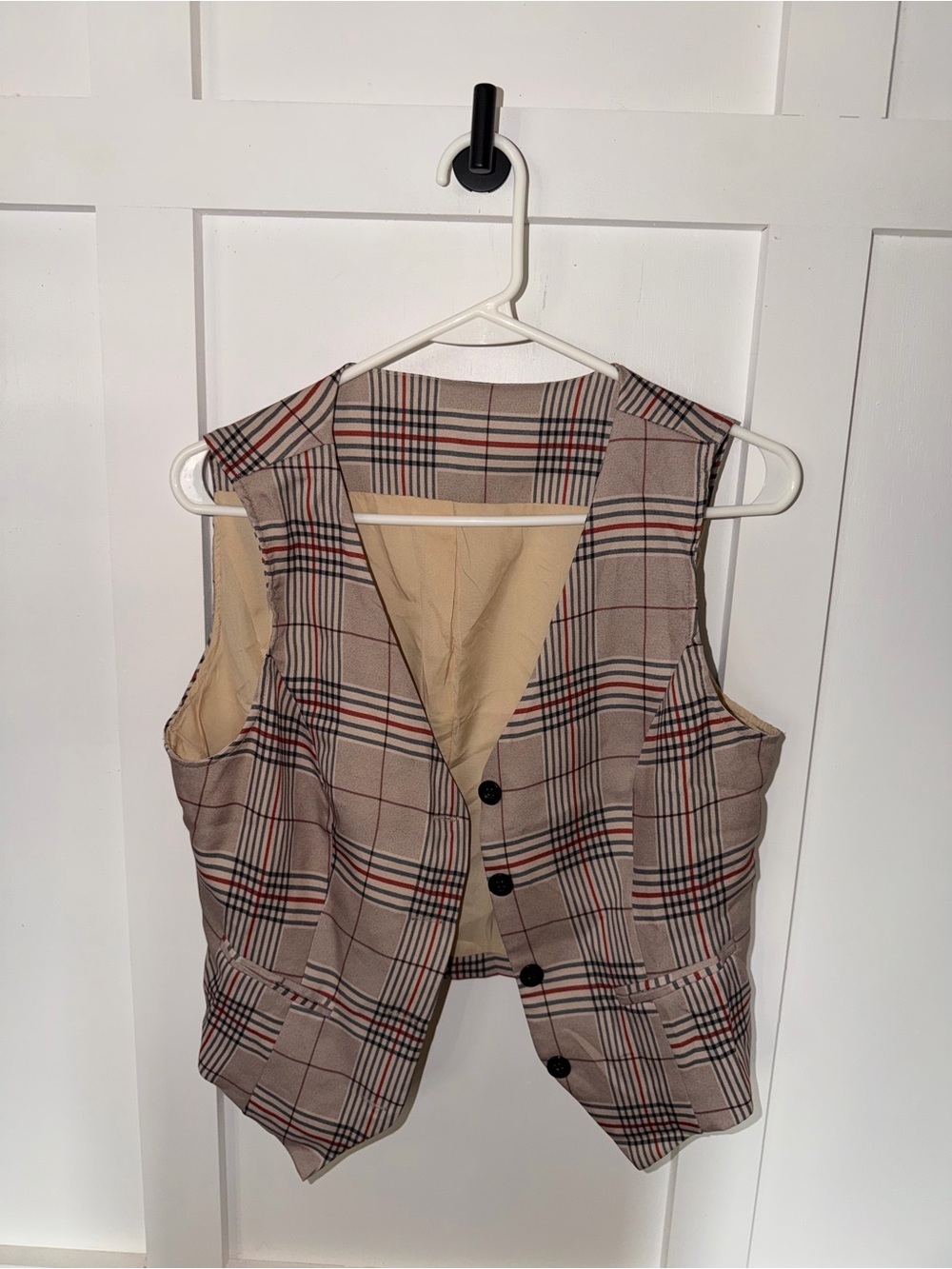 SHEIN Plaid Vest in Beige with Black & Red Accents